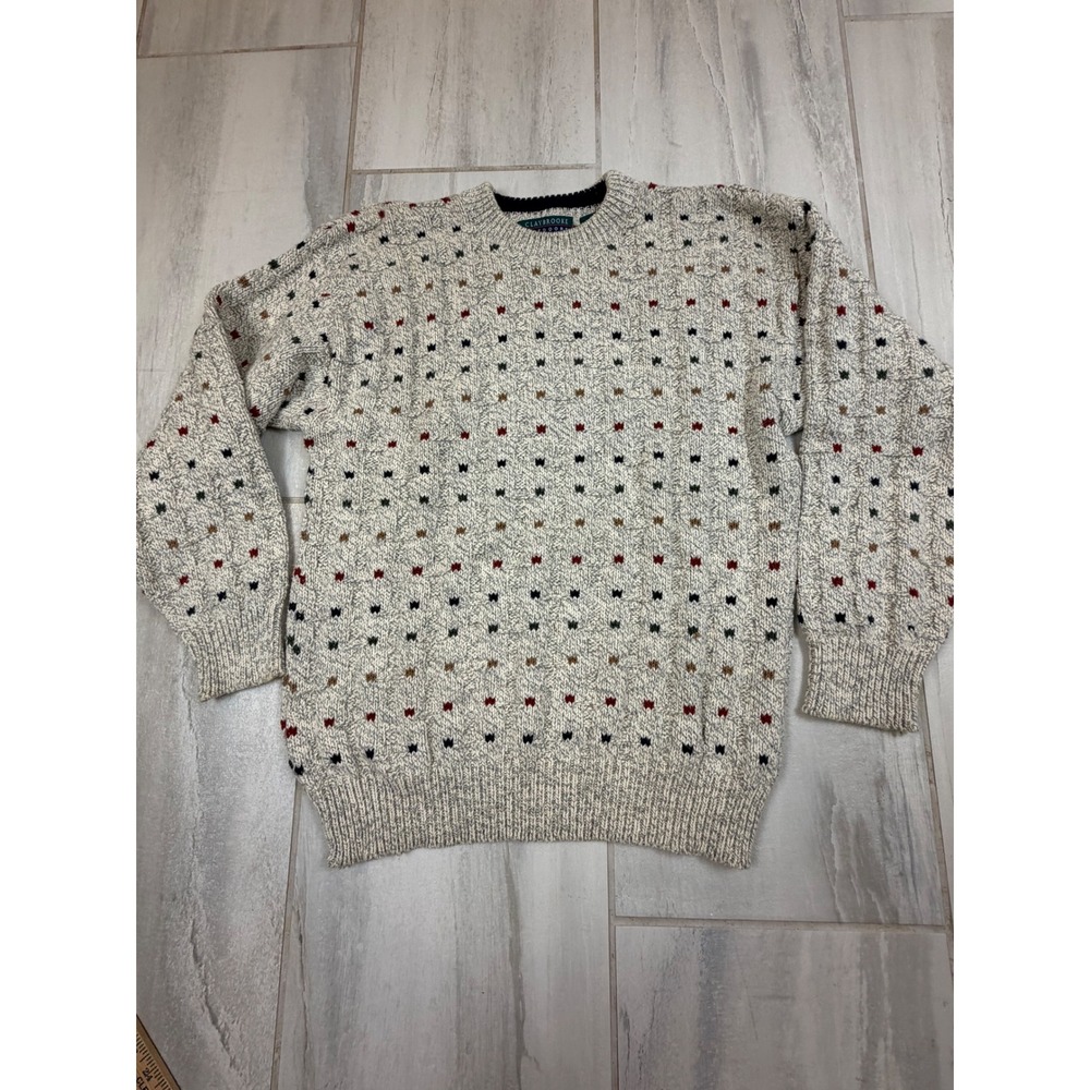 Claybrooke Outdoors Mens Sz M Vintage 90s Cotton Cable Knit Confetti Sweater USA